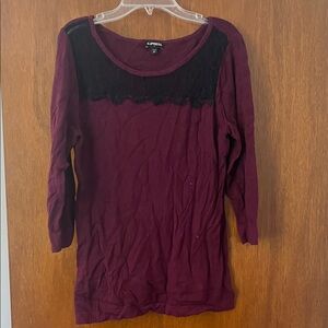 Express Women's Burgundy Blouse with Black Lace Detail